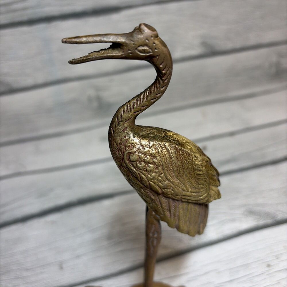 Vintage EXQUISITELY HAND CARVED Solid Brass Crane Standing On Turtle Figurine 8” - Picture 2 of 5